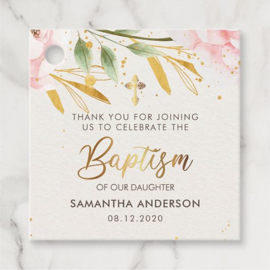 Goud en roze Waterverf meisje doop dank u Bedankjes Labels (Voorkant)