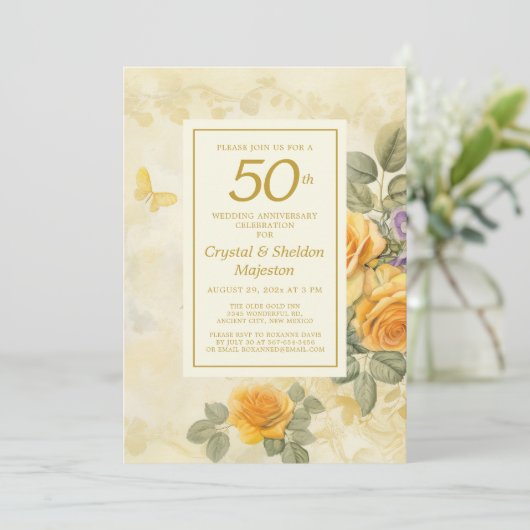 Goud en Rozen 50e bruiloft Jubileum Kaart (Staand voorkant)