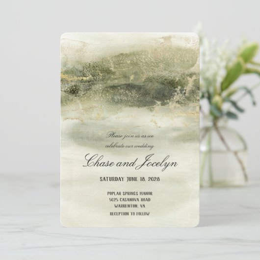 Goud- en Sage-Waterverf Wave Wedding Kaart (Staand voorkant)