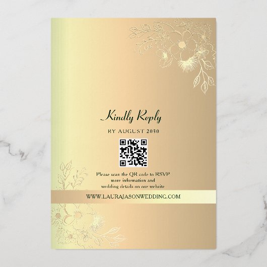Goud en Smaragd Groene Huwelijk QR Code Folie Uitnodiging (Achterkant)