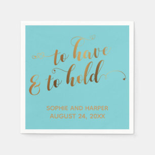 Goud en Turquoise Om Van Te Houden Harten Script Servet