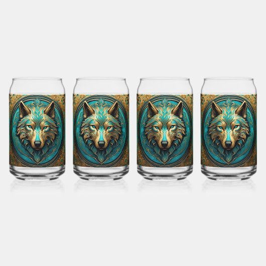Goud en Turquoise Wolf Head Blikvorm Glas (Voorkant)