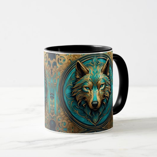 Goud en Turquoise Wolf Head Mok (Voorkant rechts)