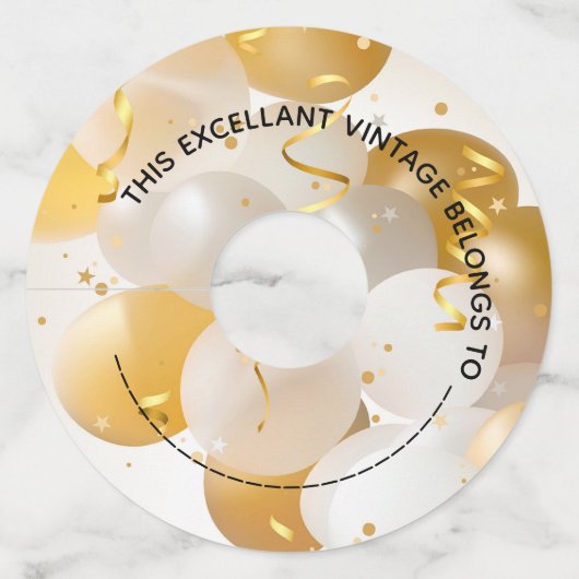 Goud en wit ballonnen papier wijnglaslabel (Voorkant)
