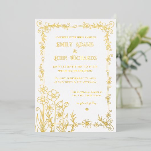 Goud en wit Bloemen Hand getrokken bruiloft Folie Uitnodiging (Staand Voorkant)