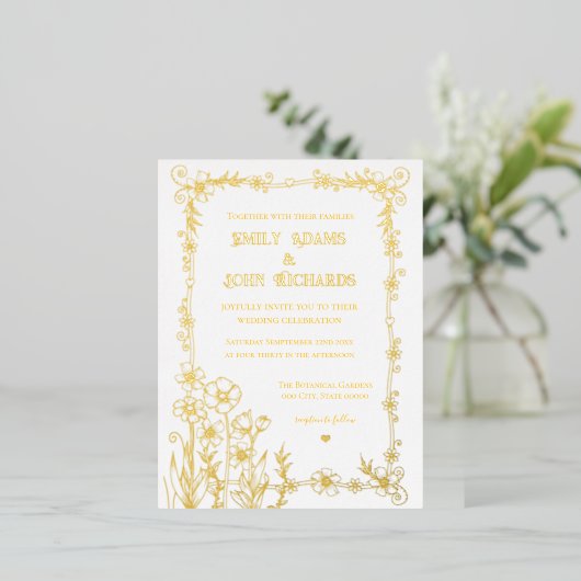 Goud en wit Bloemen Hand getrokken bruiloft Folie Uitnodiging Briefkaart (Staand Voorkant)