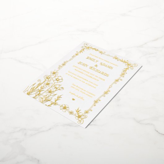 Goud en wit Bloemen Hand getrokken bruiloft Folie Uitnodiging Briefkaart (Gedraaid)