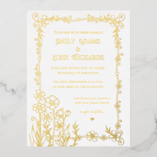 Goud en wit Bloemen Hand getrokken bruiloft Folie Uitnodiging Briefkaart (Voorkant)