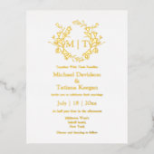 Goud en wit botanisch monogram bruiloft folie uitnodiging briefkaart (Voorkant)