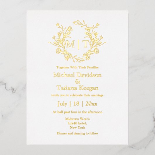 Goud en wit botanisch monogram bruiloft folie uitnodiging briefkaart (Voorkant)