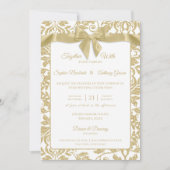 Goud en Wit Damast en Bow Bruiloft Kaart (Voorkant)