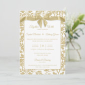 Goud en Wit Damast en Bow Bruiloft Kaart (Staand voorkant)