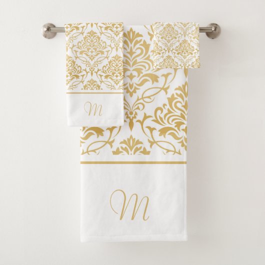 Goud en wit  damast monogram 2 bad handdoek (Insitu)