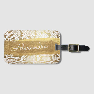 Goud en wit Dierenprint met Gouden Glitter Bagagelabel