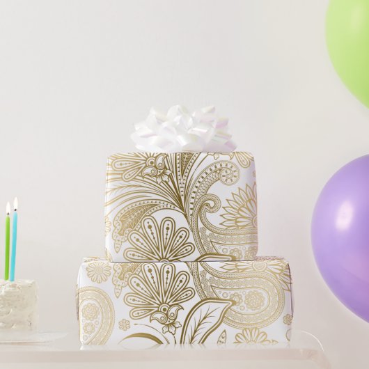 Goud en wit elegan paisleypatroon cadeaupapier (Feestgeschenken)