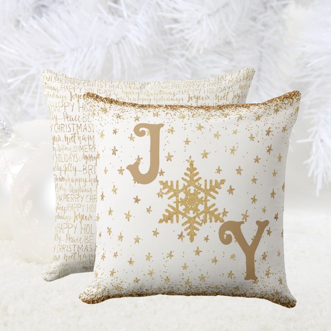 Goud en wit, Elegant JOY Kerstster Kussen (Gold and White, Elegant JOY Christmas Star Throw Pillow)