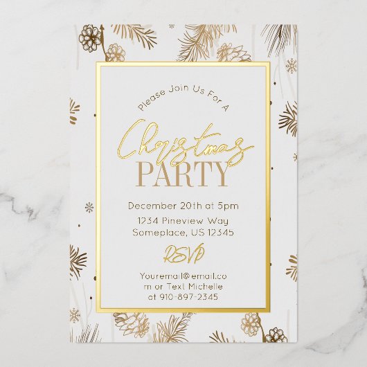 Goud en wit kersttentje botanisch folie uitnodiging (Voorkant)