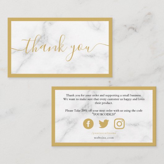 Goud en wit marmer effect klant dank u informatiekaartje (Voorkant / Achterkant)