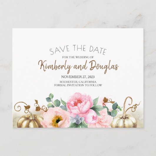 Goud en Wit Pompoen Roze Bloemen Save the Date Aankondigingskaart (Voorkant)
