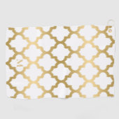 Goud en Wit Quatrefoil Patroon Monogram Golfhanddoek (Horizontaal)