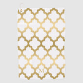 Goud en Wit Quatrefoil Patroon Monogram Golfhanddoek (Voorkant)
