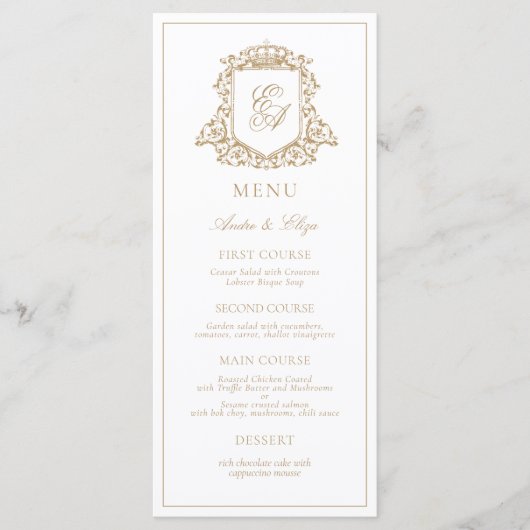 Goud en wit Royal Monogram Crest Bruiloft Menu (Voorkant)