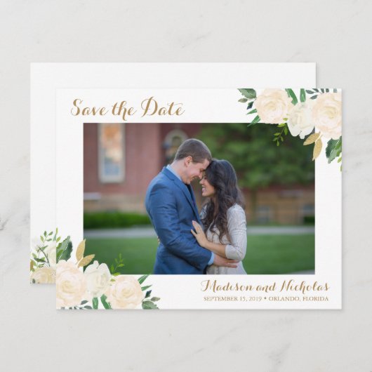 Goud en Witte Bloem Foto Save the Date Kaarten (Voorkant / Achterkant)