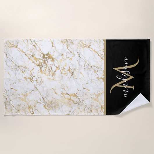 Goud en witte marmer met zwart monogram strandlaken (Voorkant)