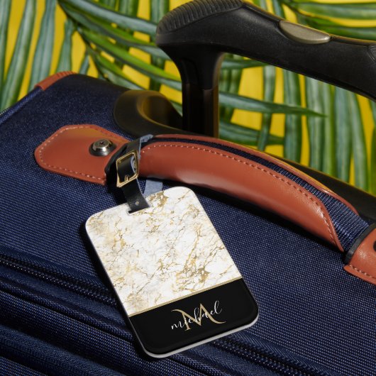 Goud en witte marmer met zwarte Monogram Luxe Bagagelabel (Voorkant Insitu 1)