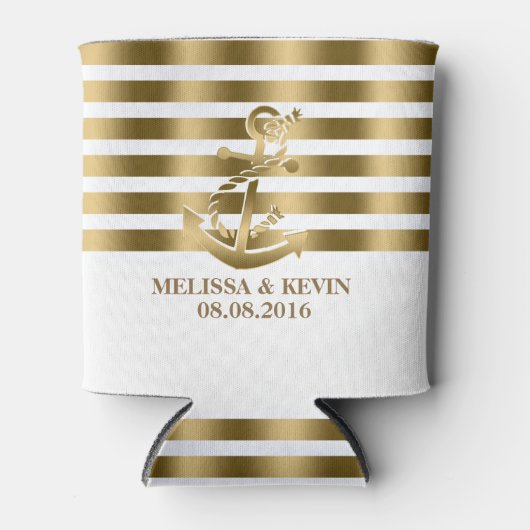 Goud en witte strepen Goud nautische boot anker Blikjeskoeler (Voorkant)