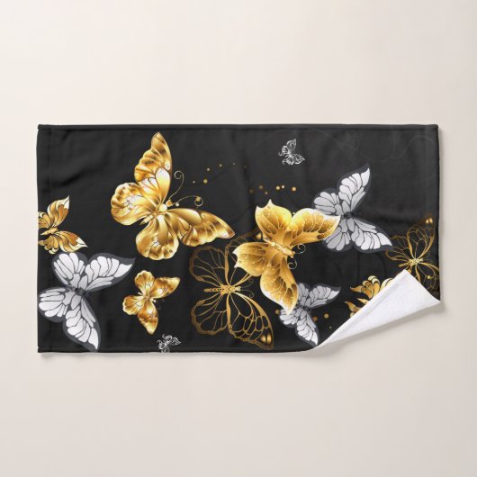 Goud en witte vlinders bad handdoek (Handdoek)