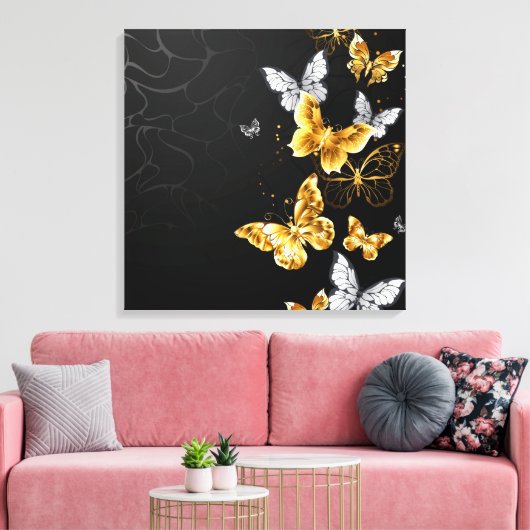 Goud en witte vlinders canvas afdruk (Insitu (Woonkamer))