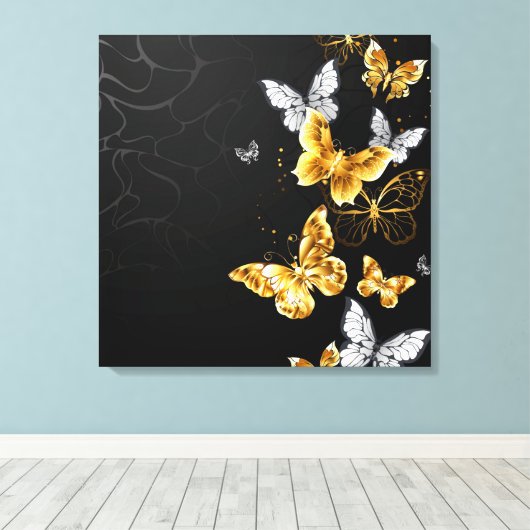 Goud en witte vlinders canvas afdruk (Insitu (Houten vloer))