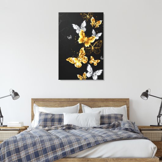 Goud en witte vlinders canvas afdruk (Insitu (Slaapkamer))