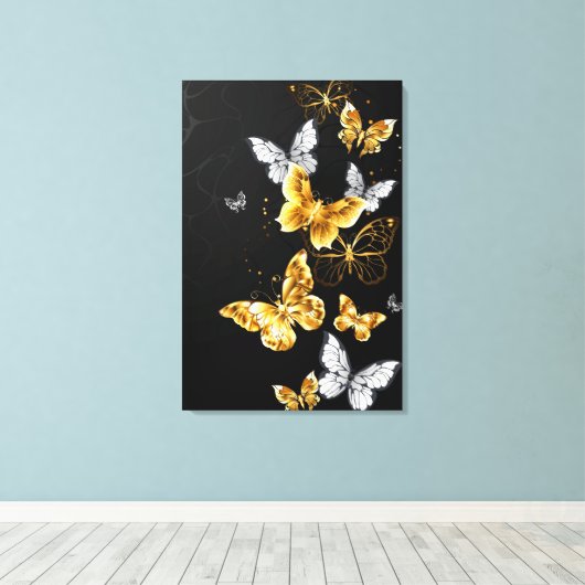 Goud en witte vlinders canvas afdruk (Insitu (Houten vloer))