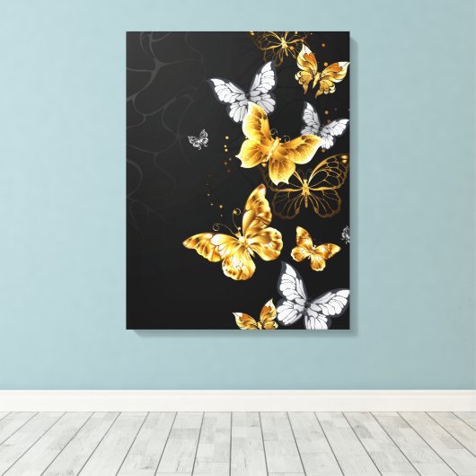 Goud en witte vlinders canvas afdruk (Insitu (Houten vloer))