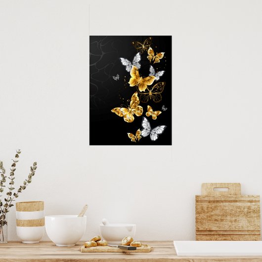 Goud en witte vlinders poster (Keuken)