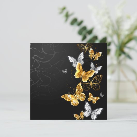 Goud en witte vlinders save the date (Staand voorkant)