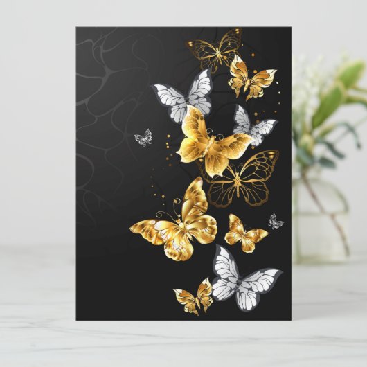 Goud en witte vlinders save the date (Staand voorkant)