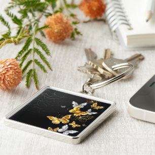 Goud en witte vlinders sleutelhanger