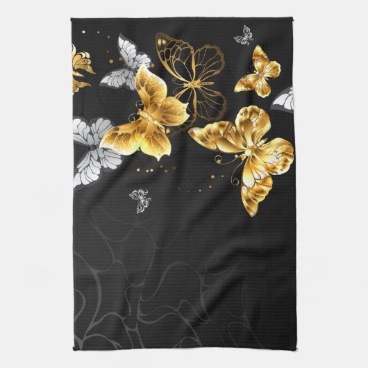 Goud en witte vlinders theedoek (Verticaal)