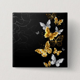 Goud en witte vlinders vierkante button 5,1 cm