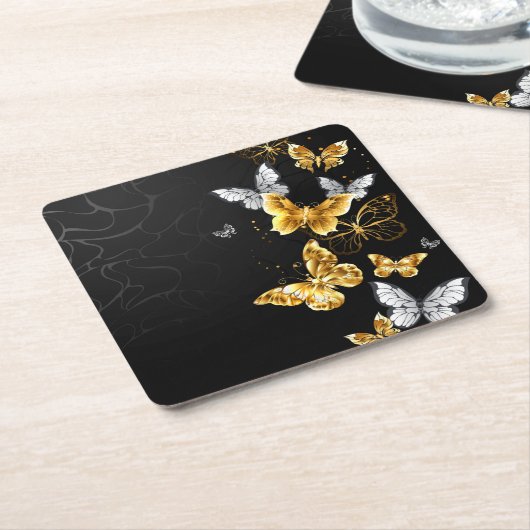 Goud en witte vlinders vierkante kartonnen onderzetter (Schuin)