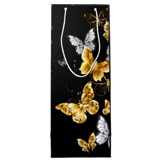 Goud en witte vlinders wijn cadeautas (Achterkant)