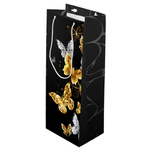 Goud en witte vlinders wijn cadeautas (Voorkant Gekanteld)