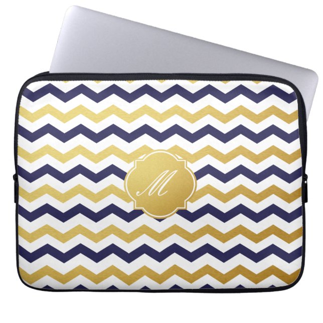 Goud en zeemleem met blauw Chevron Pattern-laptoph Laptop Sleeve (Voorkant)