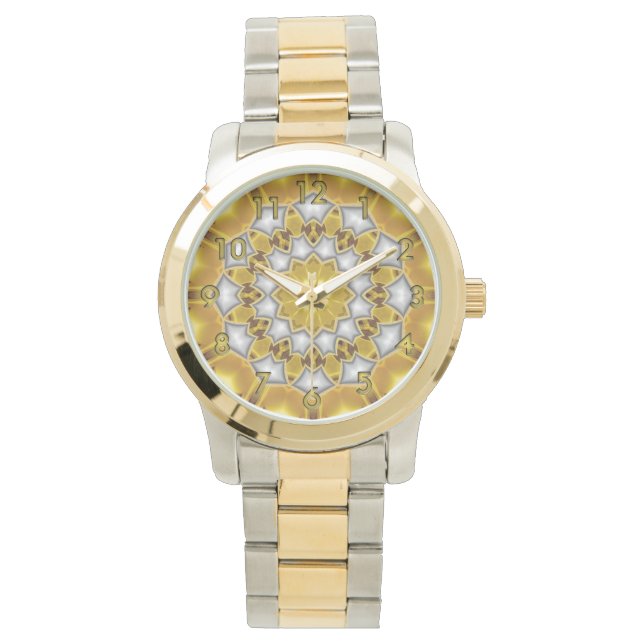 Goud en Zilver Fractal Kaleidoscoop Horloge (Voorkant)