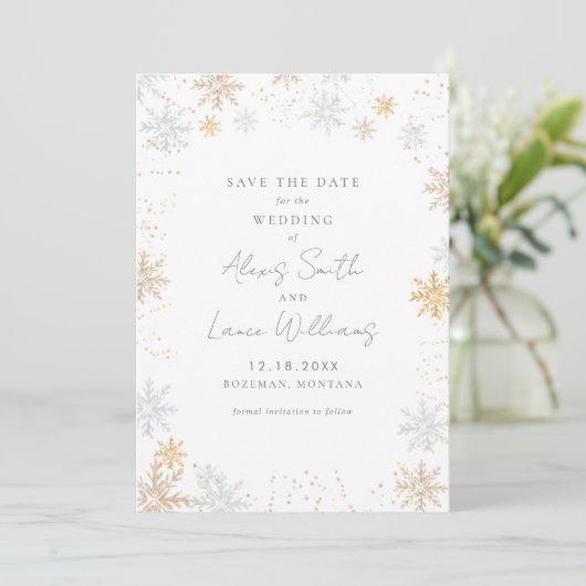 Goud en zilversneeuwvlokken besparen de datum save the date (Staand voorkant)