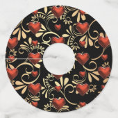 Goud en zwart 3 D Rode harten Wijnglaslabel (Voorkant)