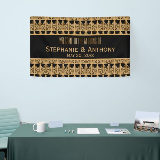 Goud en zwart art deco patroon bruiloft spandoek (Beurs)